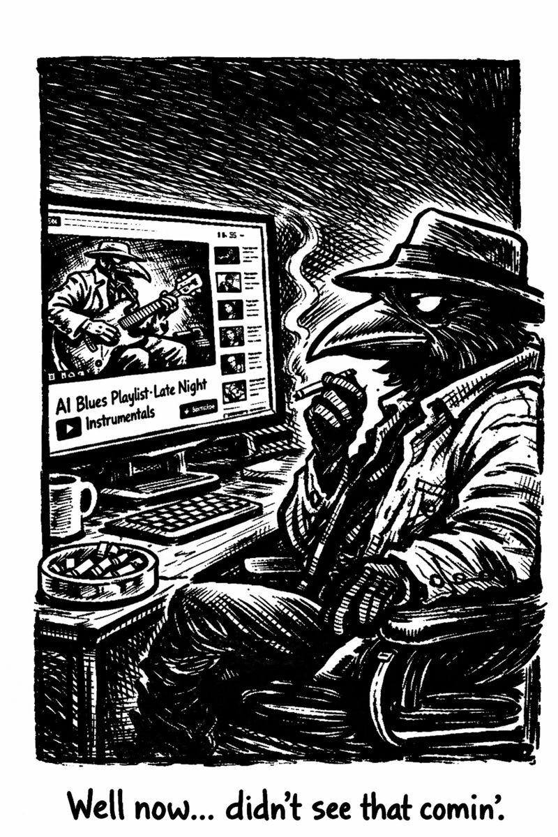 crow joe in the age of ai comic - crow joe the blues playing crow is at his desktop watching youtube.  on the screen is an ai crow joe playing blues guitar and the video is called ai blues playlist late night instrumentals.  the caption reads well now didnt see that coming.  the fact that ai is able to generate music so convincingly kind of came out of nowhere and caught a lot of people by surprise.